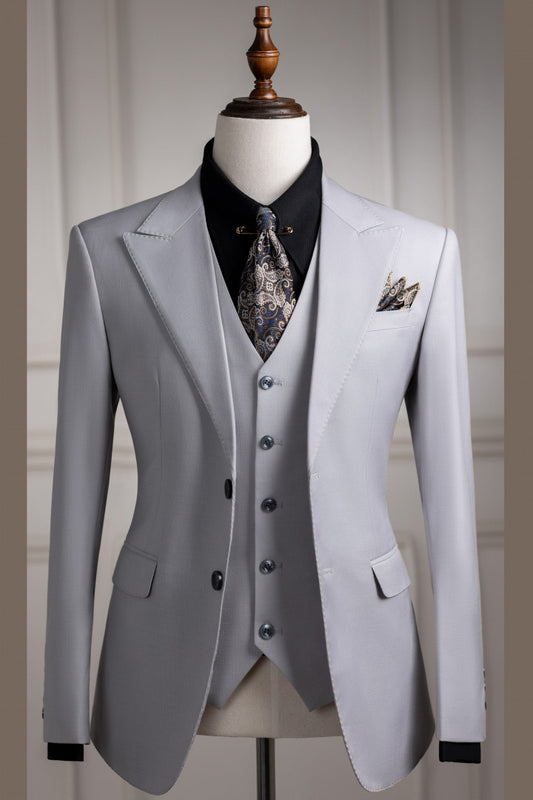 Silver Gray 3 Pieces Peak Lapel Business Men Suit