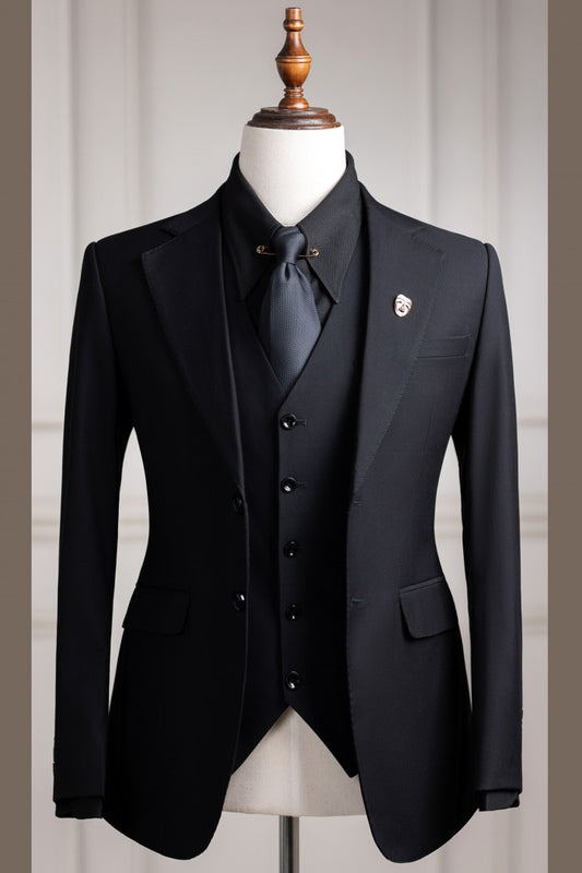 Black Peaked Lapel Slim Fit Men Suits with Vest