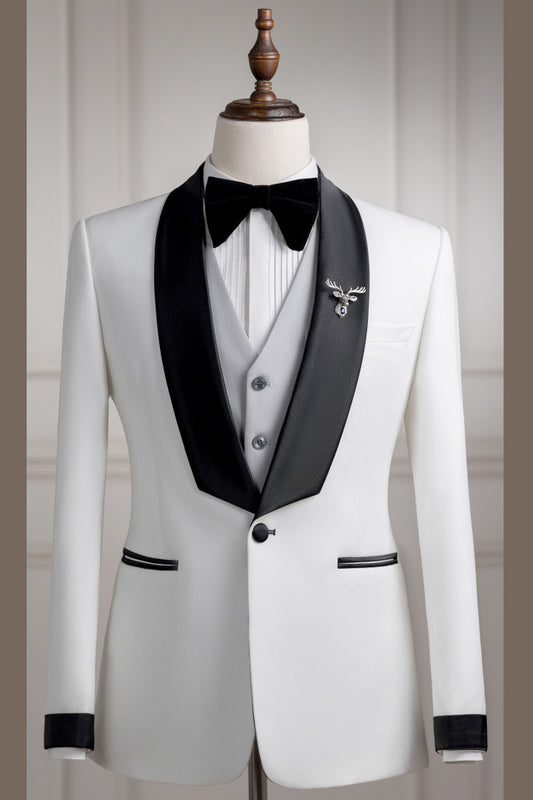 White 3-Piece Shawl Lapel Wedding Grooms Suit with Gray Vest