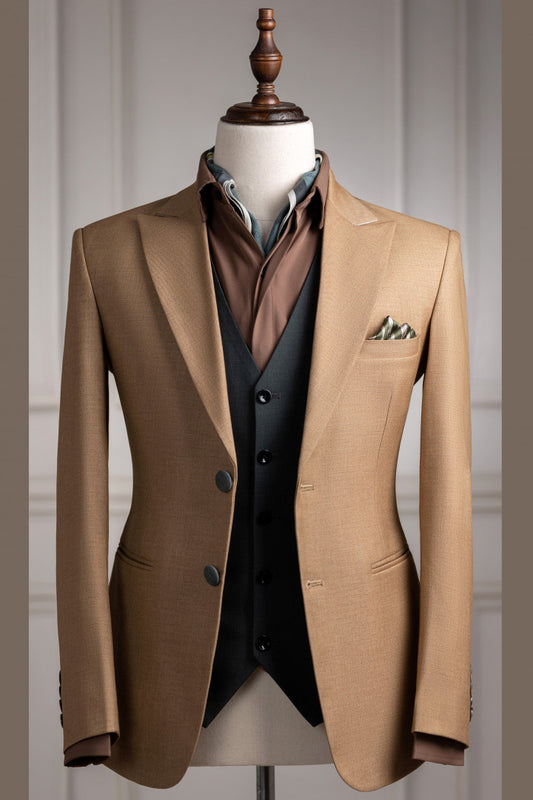 Camel 3-Pieces Formal Business Suits with Black Vest