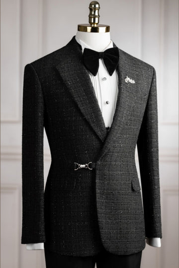 Newest Black Tweed Bespoke Men Suits with Belt