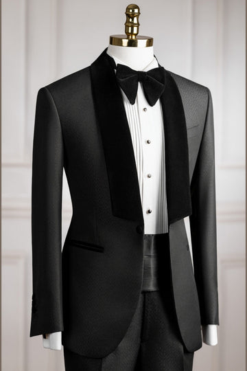 Modern Black Jacquard Wedding Men Suits with Velvet Shawl Lapel