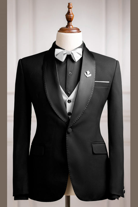 Black Shawl Lapel 3-Pieces Wedding Groom Suits with Gray Vest