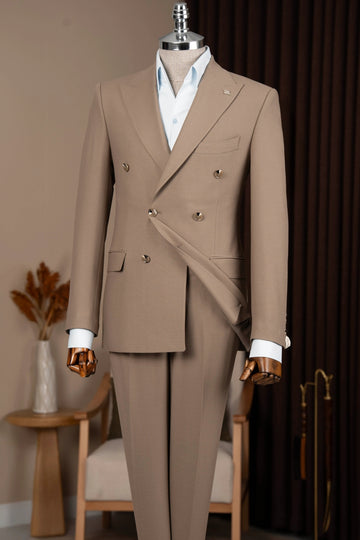 Khaki Double Breasted 2 Flap Pockets Business Men Suits