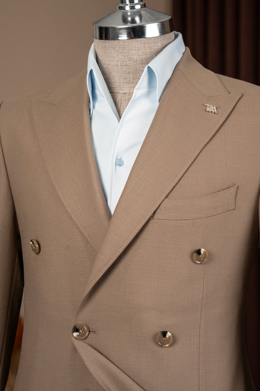 Khaki Double Breasted 2 Flap Pockets Business Men Suits