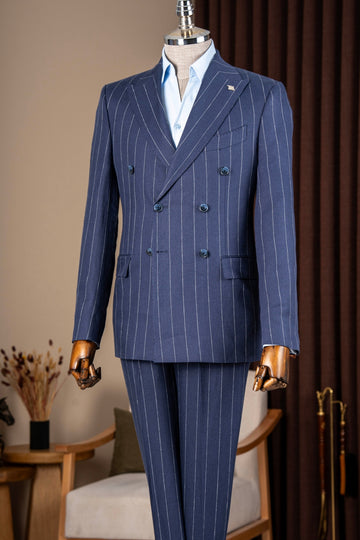 Blue Striped Double Breasted 2 Flap Pockets Business Men Suits