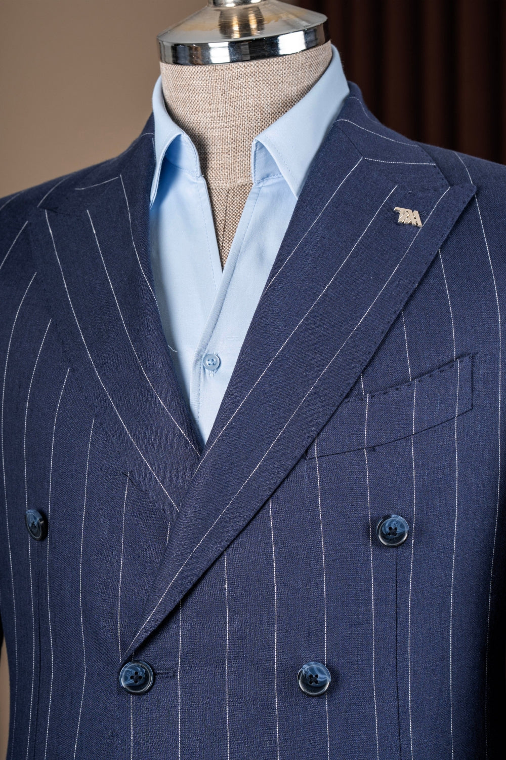 Blue Striped Double Breasted 2 Flap Pockets Business Men Suits