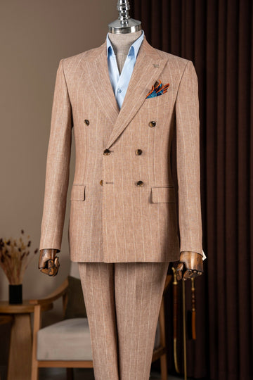 Fashion Striped Double Breasted 2 Flap Pockets Business Men Suits
