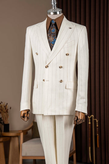 White Striped Double Breasted 2 Flap Pockets Men Suits
