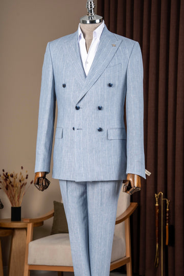 Light Blue Striped Double Breasted 2 Flap Pockets Men Suit