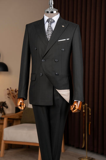 Classic Black Striped Double Breasted 2 Flap Pockets Men Suit