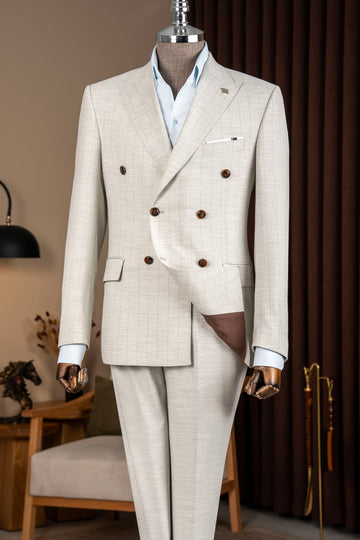Beige Striped Double Breasted 2 Flap Pockets Men Suit