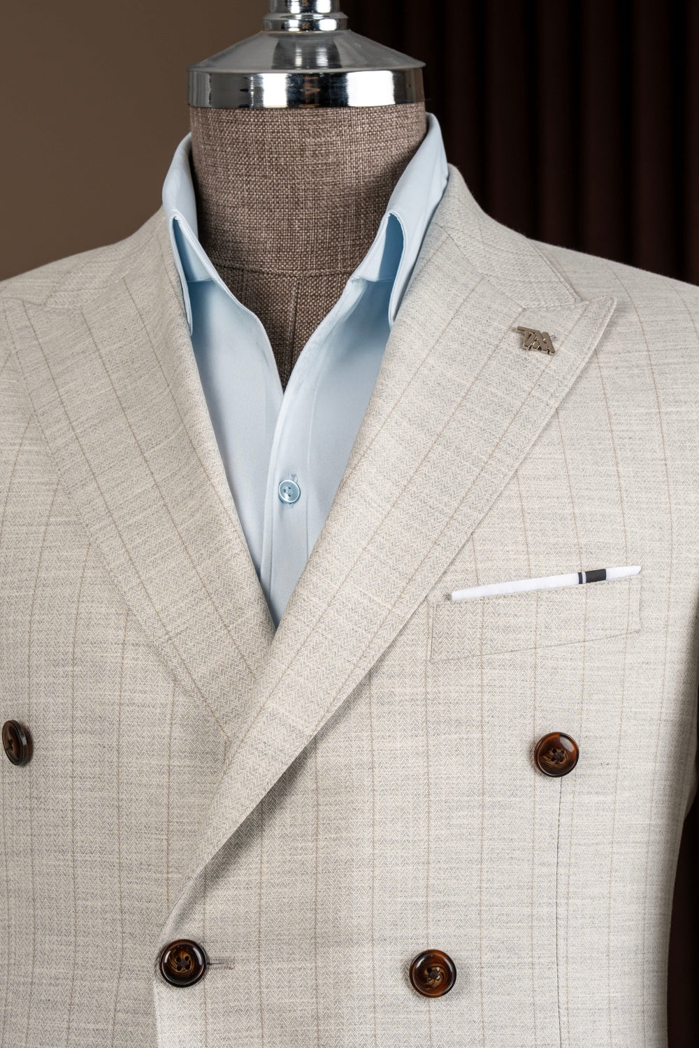 Beige Striped Double Breasted 2 Flap Pockets Men Suit
