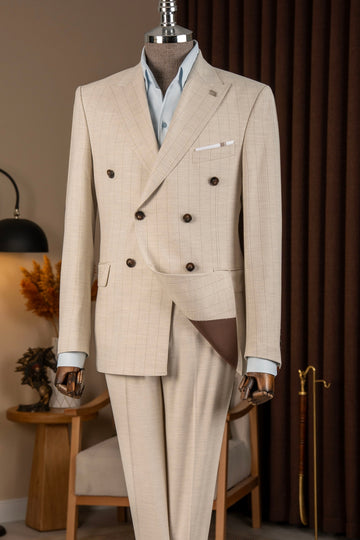 Champagne Striped Double Breasted 2 Flap Pockets Men Suit