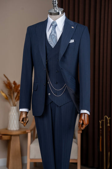 Navy Blue Striped 3-Pieces Bespoke Men Suits for Business