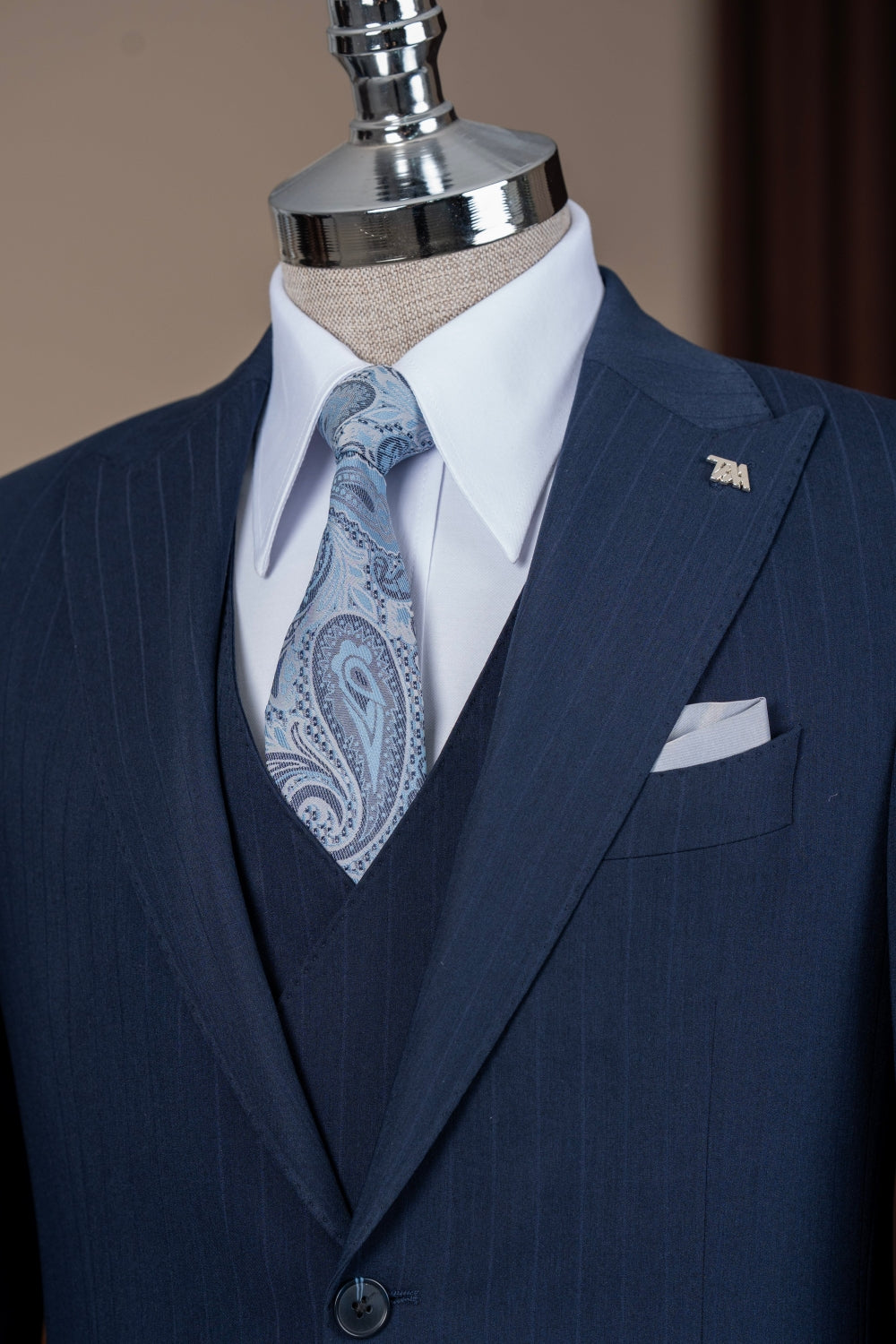 Navy Blue Striped 3-Pieces Bespoke Men Suits for Business
