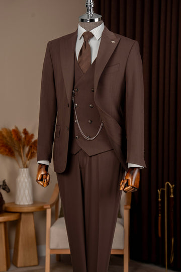 Fashionable Brown Striped 3-Pieces Bespoke Men Suits