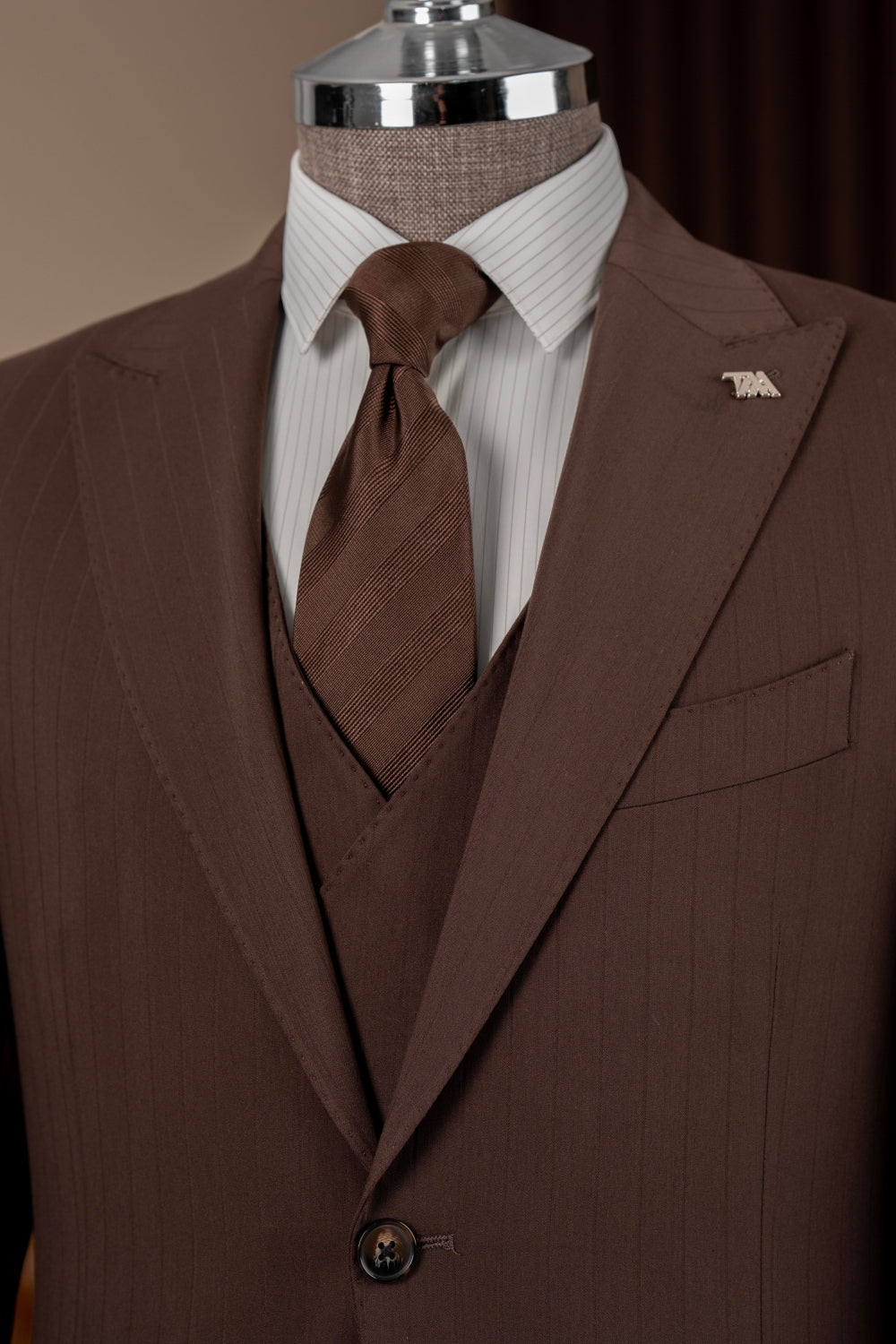 Fashionable Brown Striped 3-Pieces Bespoke Men Suits