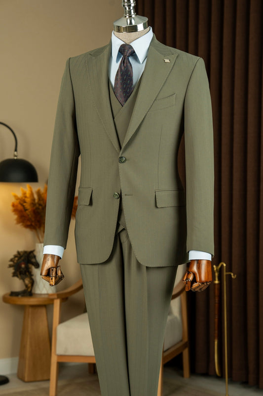 Lime Green Striped 3-Pieces Bespoke Men Suits