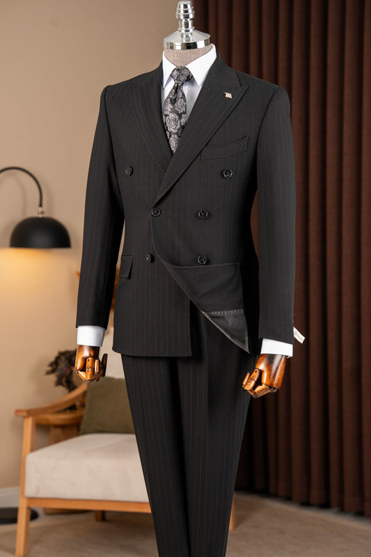 Black Peak Lapel Double Breasted Striped Men Suits