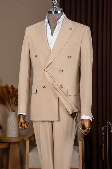 Khaki Corduroy Double Breasted Chic Men Suits