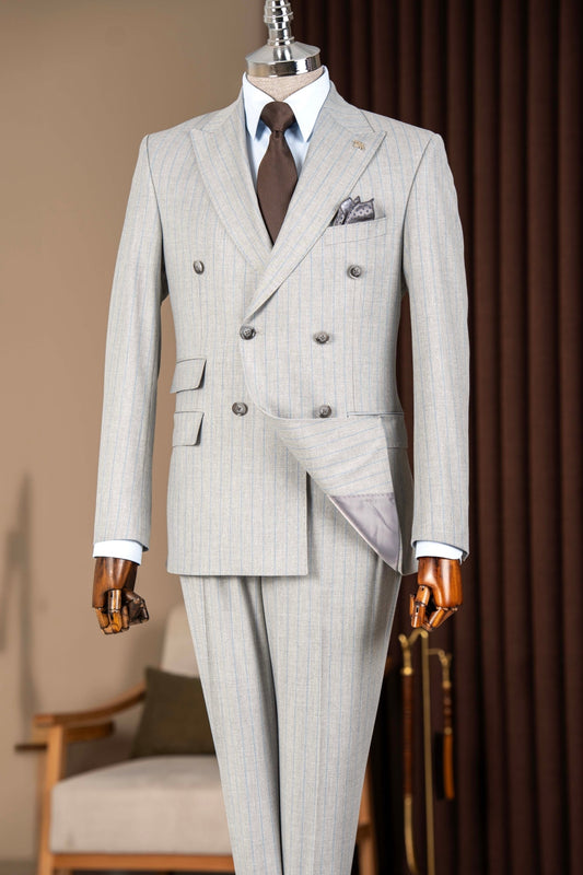 Fashion Gray Pinstripe Double Breasted Men Suit
