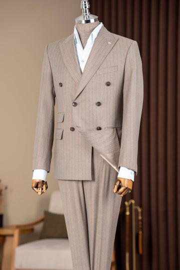 Chic Coffee Pinstripe Double Breasted Men Suit