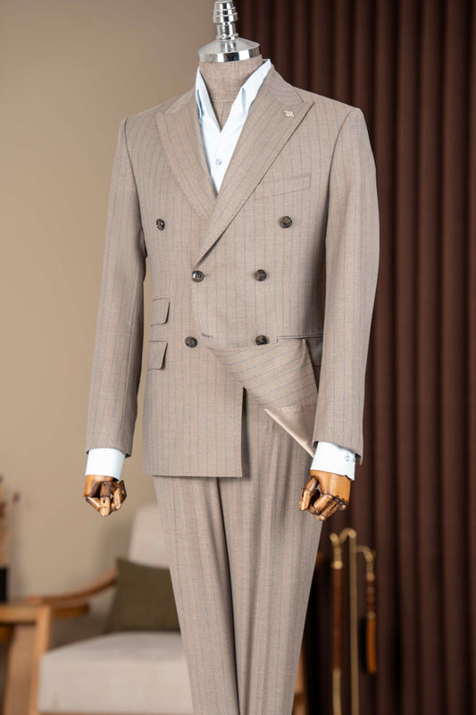 Chic Coffee Pinstripe Double Breasted Men Suit