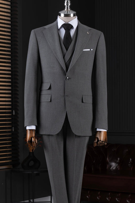 Dark Gray Striped 3-Pieces Men Suits for Business