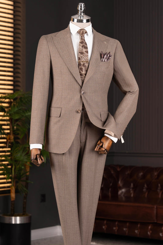 Coffee Two Pieces Peak Lapel Stripe Men Suits