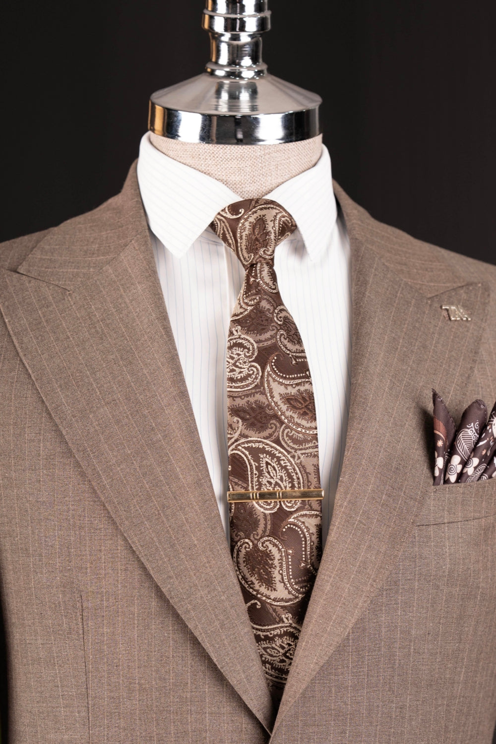 Coffee Two Pieces Peak Lapel Stripe Men Suits
