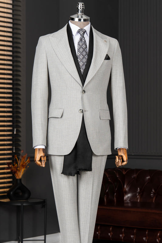 Gray Two Pieces Peak Lapel Stripe Men Suits