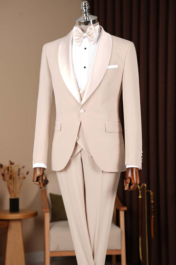 Beige 3-Pieces Shawl Lapel One Button Wedding Tuxedos