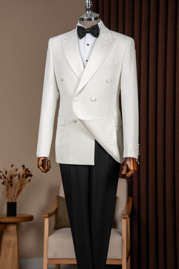White Double Breasted Peak Lapel Wedding Tuxedos with Black Pants