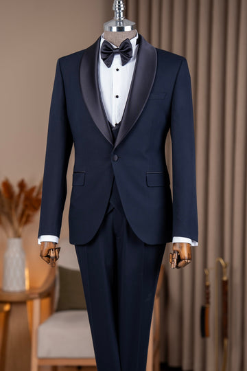Dark Navy 3-Pieces Shawl Lapel One Button Wedding Tuxedos