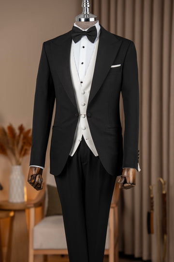 Black 3-Pieces Peak Lapel Wedding Tuxedos with White Vest