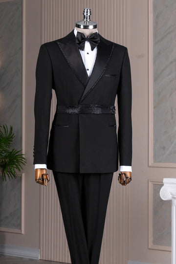 Sparkly Black Double Breasted Prom Men Suit with Belt
