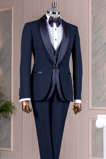 Dark Navy 3-Pieces Wedding Tuxedos with Silk Lapel