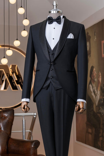 Black 3-Pieces Wedding Tuxedos with Bling Lapel