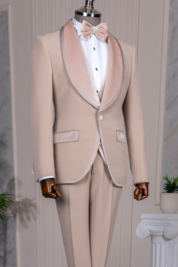 Khaki 3-Pieces Prom Men Suit with Velvet Lapel