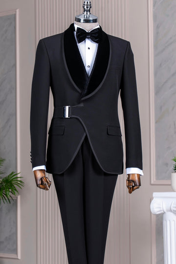 Fashion Black Velvet Lapel Wedding Men Suits with Silver Buckle