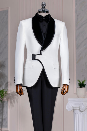 White Velvet Lapel Wedding Men Suits with Silver Buckle