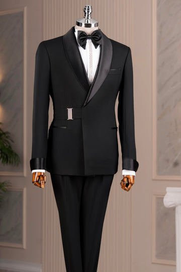 Black Shawl Lapel Wedding Men Suits with Silver Buckle