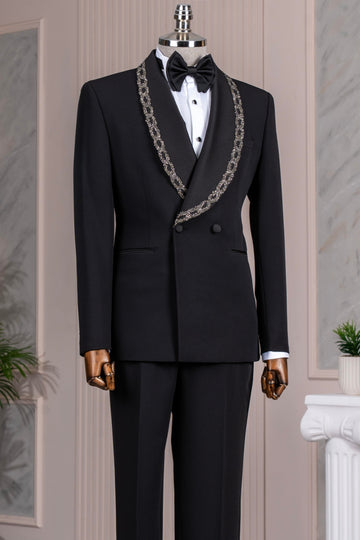 Black Double Breasted Shawl Lapel Wedding Men Suits with Silver Crystal
