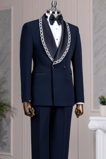 Dark Navy Double Breasted Shawl Lapel Wedding Men Suits with Silver Crystal