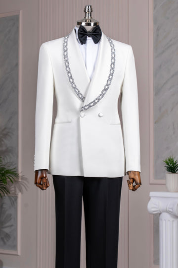 White Double Breasted Shawl Lapel Wedding Men Suits with Silver Crystal