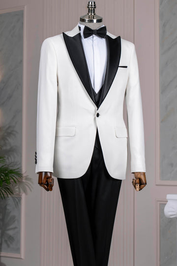 White 3 Pieces One Button Wedding Suits with Black Vest