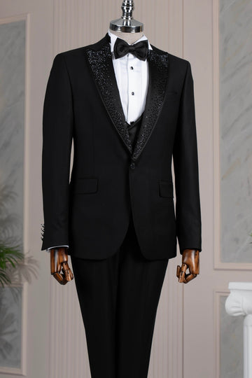 Bling Black 3 Pieces Close Fitting Men Suits with Beadings