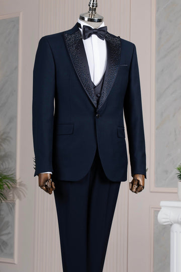 Bling Navy Blue 3 Pieces Close Fitting Men Suits with Beadings