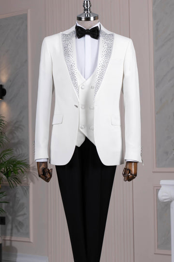 Bling White 3 Pieces Close Fitting Men Suits with Beadings